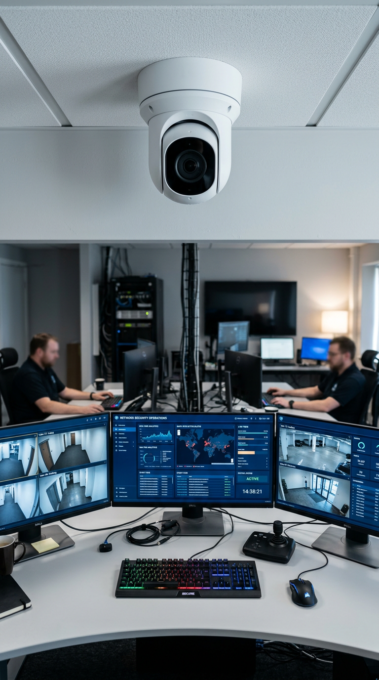Dóm biztonsági kamera és megfigyelő monitorok