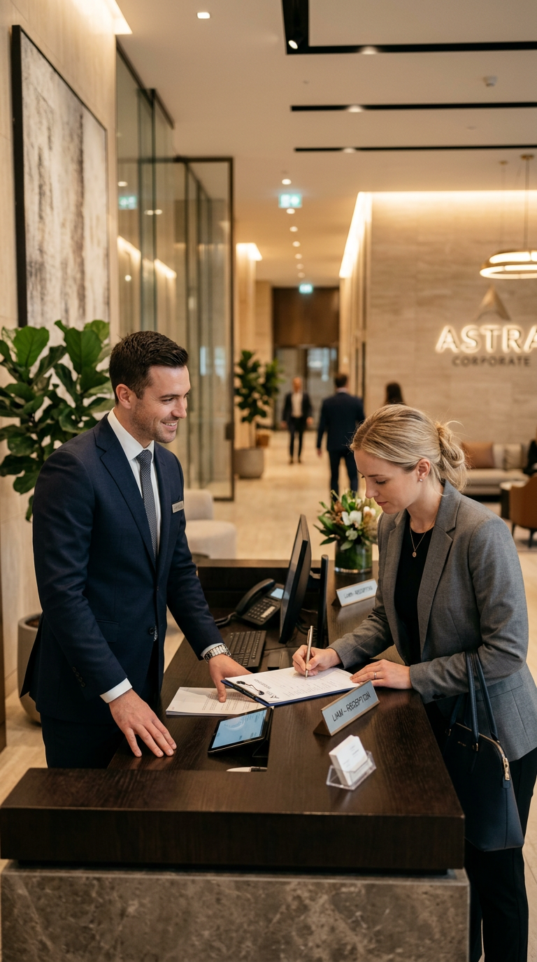 Recepciós munkatárs egy irodaház recepcióján